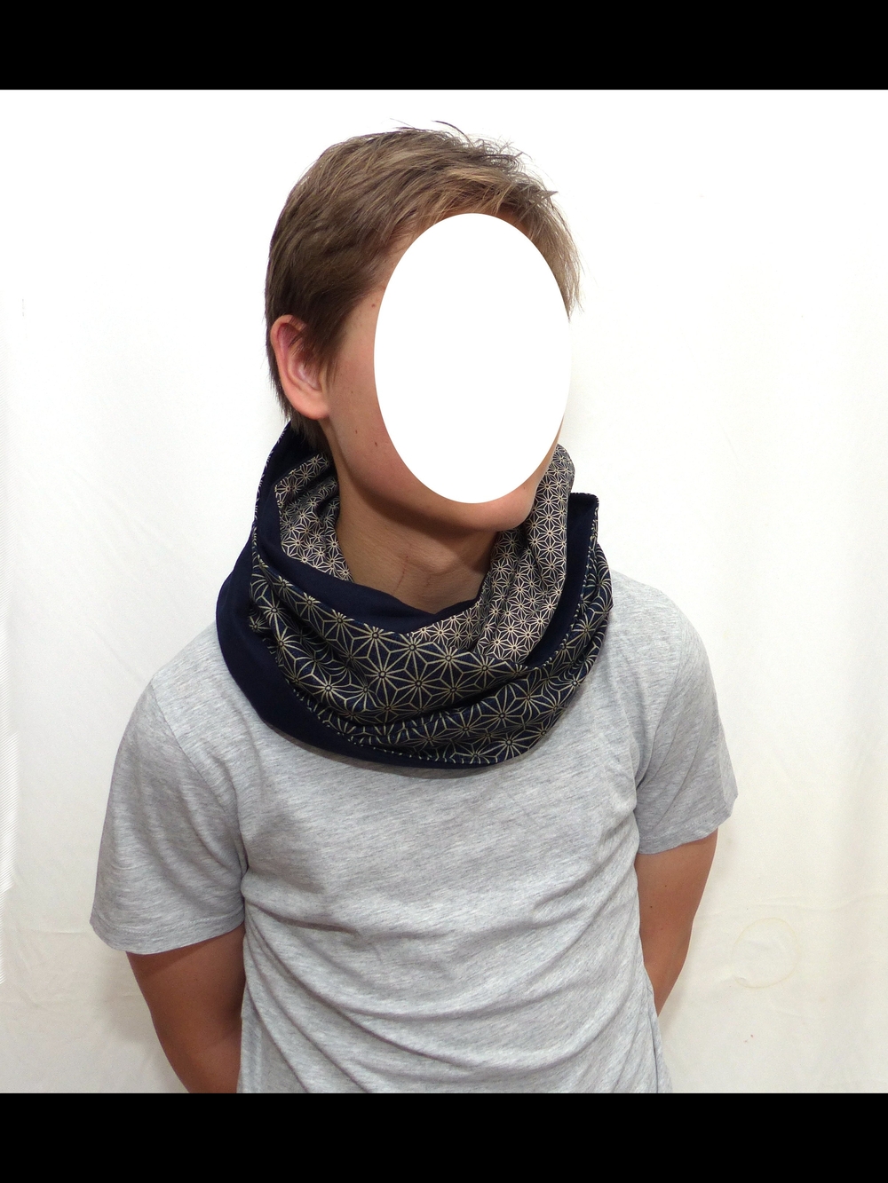 Navy Blue Infinity Scarf with Tan Asanoha Geometric Print - Picture 3 of 3